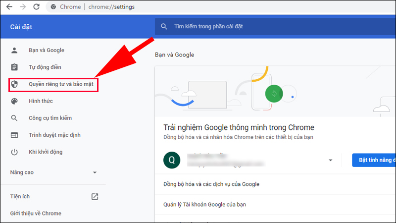Chọn Quyền riêng tư và bảo mật